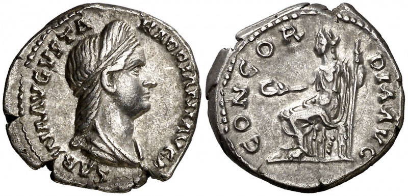 (129 d.C.). Sabina. Denario. (Spink 3919 var) (S. 25) (RIC. 399a). 3,33 g. EBC-.