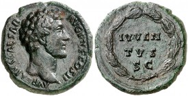 (147 d.C.). Marco Aurelio. As. (Spink 4833 var) (Co. 399) (RIC. 1262, de Antonino pío). 12,28 g. Campos repasados. (MBC+).