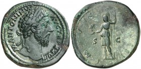 (174 d.C.). Marco Aurelio. Sestercio. (Spink 4980) (Co. 342) (RIC. 1115). 27,08 g. Pátina verde. MBC/MBC-.