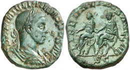 (247 d.C.). Filipo II. Sestercio. (Spink 9279) (Co. 18) (RIC. 267a). 15,62 g. Pátina verde. MBC+.