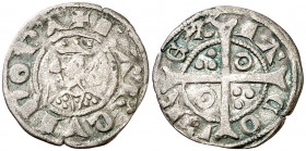 Jaume II (1291-1327). Barcelona. Diner. (Cru.V.S. 340.1) (Cru.C.G. 2158a). 0,87 g. Puntito en el centro del vestido y dentro de cada roel. MBC.