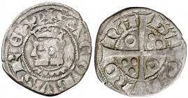 Jaume II (1291-1327). Barcelona. Diner. (Cru.V.S. 346) (Cru.C.G. 2161). 1,06 g. Letras A y U latinas en anverso y góticas en reverso. MBC.