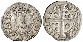 Jaume II (1291-1327). Barcelona. Diner. (Cru.V.S. 348) (Cru.C.G. 2162). 0,90 g. Letras A y U latinas. MBC.