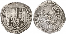 Reyes Católicos. Sevilla. 1 real. (Cal. 377 var). 2,99 g. Flechas y yugo. Algo recortada. (MBC-).