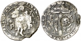 1598. Felipe II. Perpinyà. Doble sou. (Cal. 839) (Cru.C.G. 3806a). 3,04 g. Contramarca: cabeza de San Juan, realizada en 1603. MBC-.