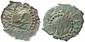 s/d. Felipe III. Banyoles. 1 diner. (Cal. 590 var) (Cru.C.G. 3661 var). 0,73 g. Contramarca: cabeza de fraile en anverso, realizada en 1605. Rara. MBC...