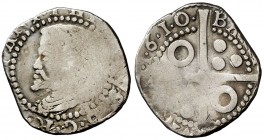 1610. Felipe III. Barcelona. 1 croat. (Cal. 420) (Cru.C.G. falta). 3,07 g. Ex Colección Crusafont 27/10/2011, nº 1122. Rara. BC/BC+.