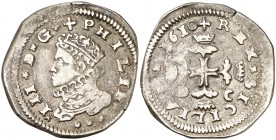 1610. Felipe III. Messina. DC. 3 tari. (Vti. 110) (MIR. 346/2). 7,75 g. Ex Colección Manuela Etcheverría. MBC.