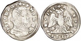 1610. Felipe III. Messina. DC. 4 tari. (Vti. 126) (MIR. 345/2). 10,39 g. Ex Colección Manuela Etcheverría. MBC-.