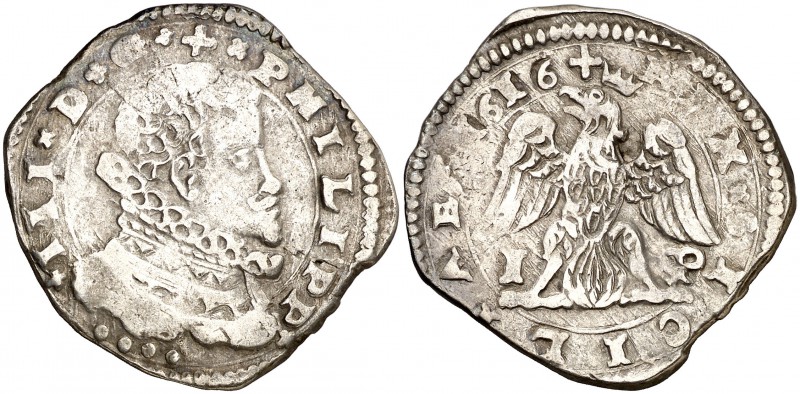 1616. Felipe III. Messina. IP. 4 tari. (Vti. 138) (MIR. 345/12). 10,38 g. Ex Col...