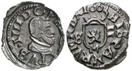 1663. Felipe IV. M (Madrid). S. 2 maravedís. (Cal. 1460). 0,57 g. Cospel algo irregular. Ex Colección Manuela Etcheverría. Escasa. (EBC).