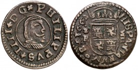 1664. Felipe IV. Coruña. R. 8 maravedís. (Cal. 1306) (Seb. 153 var). 2,93 g. Buen ejemplar. MBC+.