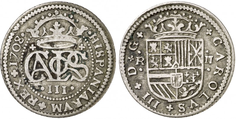 1708. Carlos III, Pretendiente. Barcelona. 2 reales. (Cal. 24). 4,73 g. Ex Colec...