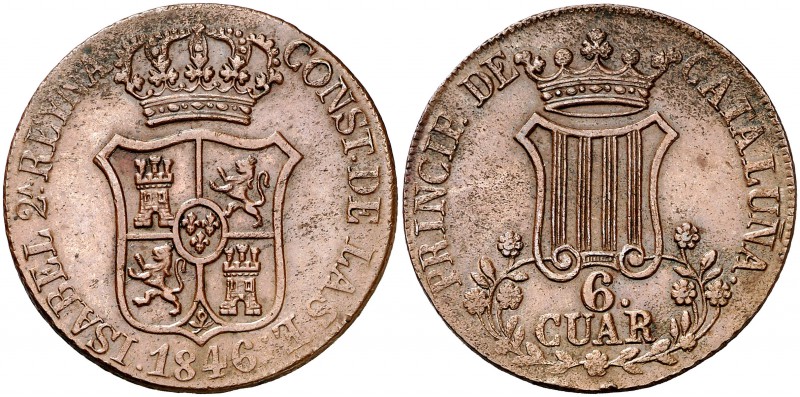 1846. Isabel II. Barcelona. 6 cuartos. (Cal. 698). 14,38 g. Flores de 7 pétalos....