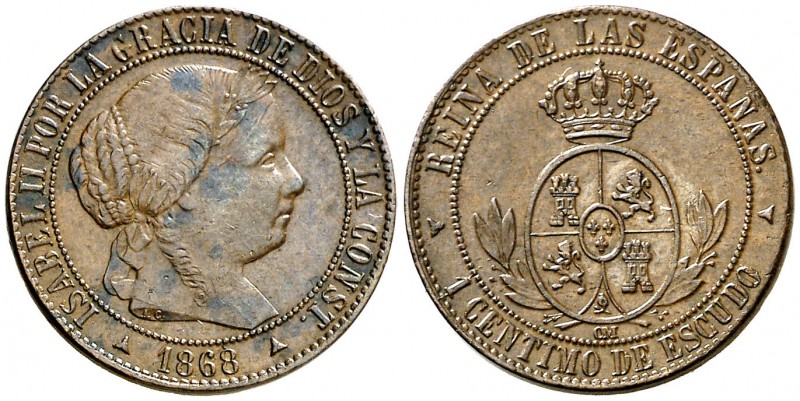 1868. Isabel II. Segovia. . 1 céntimo de escudo. (Cal. 665). 2,45 g. MBC/MBC+.