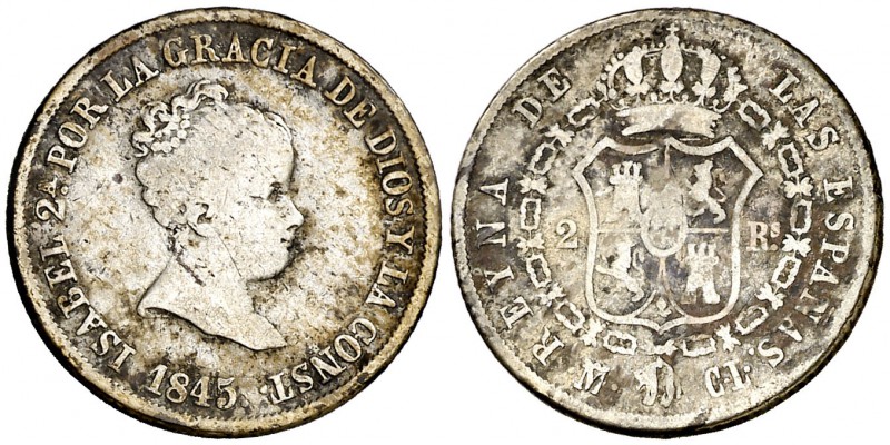 1845. Isabel II. Madrid. CL. 2 reales. (Cal. 359). 2,88 g. Escasa. BC+.