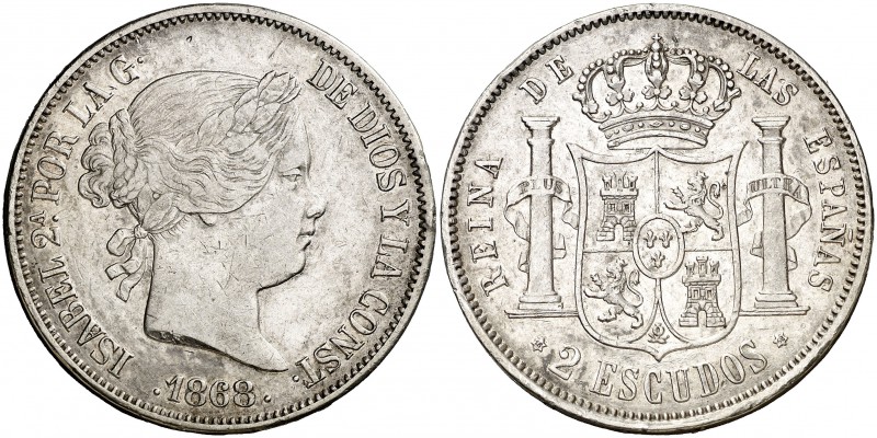 1868*1868. Isabel II. Madrid. 2 escudos. (Cal. 205). 25,76 g. Leves golpecitos. ...