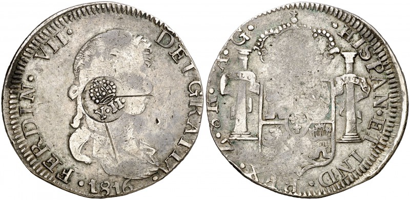 Isabel II. (Kr. 118). 26,01 g. Resello falso YII bajo corona sobre 8 reales de Z...