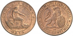 1870. Gobierno Provisional. Barcelona. OM. 5 céntimos. (Cal. 25). 4,11 g. MBC+.