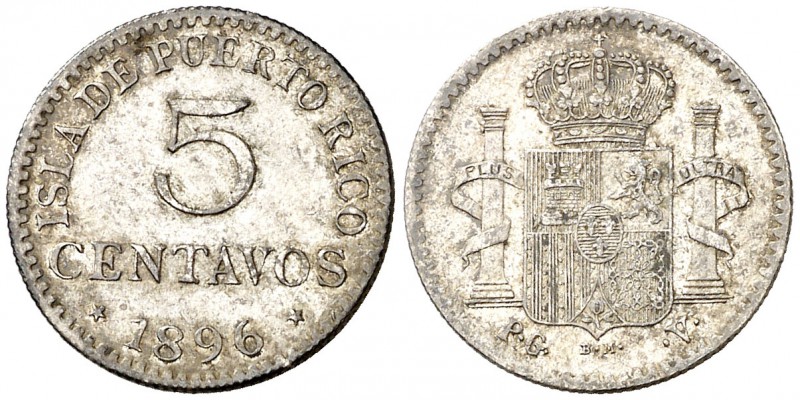 1896. Alfonso XIII. Puerto Rico. PGV. 5 centavos. (Cal. 86). 0,81 g. Leves sombr...