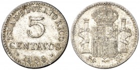 1896. Alfonso XIII. Puerto Rico. PGV. 5 centavos. (Cal. 86). 0,81 g. Leves sombras. MBC+.