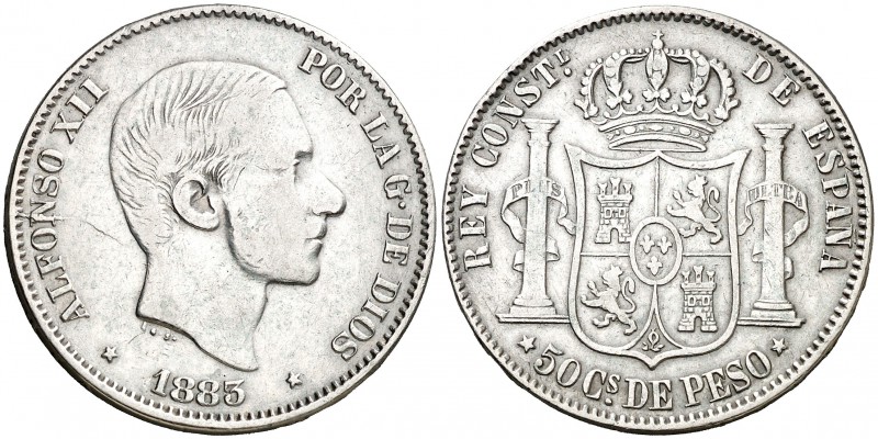 1883. Alfonso XII. Manila. 50 centavos. (Cal. 83). 12,84 g. MBC-/MBC.