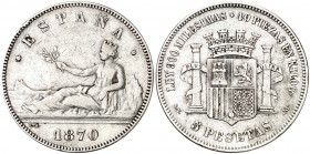 1870*1818. Gobierno Provisional. SNM. 5 pesetas. (Cal. 4). 24,82 g. Escasa. BC+.