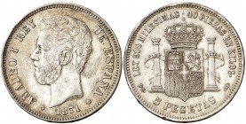 1871*1875. Amadeo I. DEM. 5 pesetas. (Cal. 12). 24,62 g. Leves golpecitos. Escasa. MBC.