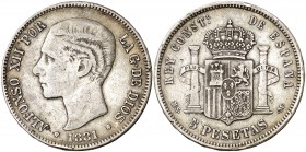 1881*1881. Alfonso XII. MSM. 5 pesetas. (Cal. 32). 24,75 g. Golpecitos. Escasa. MBC-.