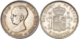 1888*1888. Alfonso XIII. MPM. 5 pesetas. (Cal. 13). 24,81 g. Pátina. Leves marquitas. MBC+/EBC-.