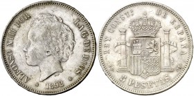 1892*1892. Alfonso XIII. PGM. 5 pesetas. (Cal. 19). 25 g. Tipo "bucles". Golpecitos. MBC-/MBC.