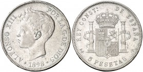 1898*1898. Alfonso XIII. SGV. 5 pesetas. (Cal. 27). 24,72 g. Golpecitos. MBC-/MBC.