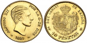 1881*----. Alfonso XII. DEM. 10 pesetas. 3,08 g. Falsa de joyería de fecha imposible. EBC.