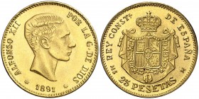 1891*----. Alfonso XII. MSM. 25 pesetas. 8,03 g. Falsa de joyería de fecha imposible. EBC.