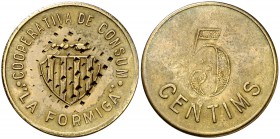 Barcelona. Cooperativa de Consum "La Formiga". 5 céntimos y 5 pesetas. (AL. 1093 y 1096). 2 monedas, con contramarca de cuadrados. Raras. MBC-.