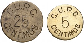 Cardona. C.U.P.C. (Comitè Unificat de Partits de Cardona). 5 y 25 céntimos. (T. 787 y 789) (AL. 3134 y 3135). Latón. 2 monedas. Raras. MBC/MBC+.