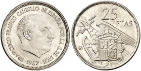 1957. Estado Español. Barcelona. 25 pesetas. (Cal. 139, como serie completa). 8,48 g. I Exposición Iberoamericana de Numismática. S/C-.