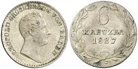 1837. Alemania. Baden. Leopoldo. 6 kreuzer. (Kr. 198.2). 2,14 g. AG. Bella. Escasa así. EBC+.