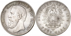 1876. Alemania. Baden. Federico I. G (Stuttgart). 5 marcos. (Kr. 263.1). 27,45 g. AG. Golpecitos. (MBC).