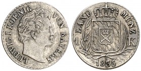 1835. Alemania. Baviera. Luis I. 1 kreuzer. (Kr. 390). 0,78 g. AG. MBC+.