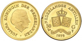 1979. Antillas Holandesas. Juliana. 50 gulden. (Fr. 4) (Kr. 23). 3,34 g. AU. 75º Aniversario del Pacto Real. Golpecito. Proof.