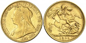 1901. Australia. Victoria. M (Melbourne). 1 libra. (Fr. 24) (Kr. 13). 7,92 g. AU. MBC/MBC+.