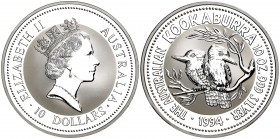 1994. Australia. Isabel II. 10 dólares. (Kr. 231). 311,04 g. AG. Kookaburra. Proof.