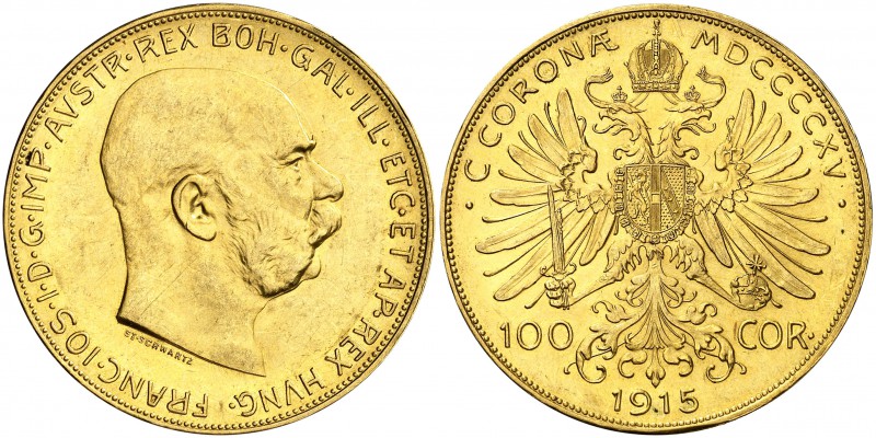 1915. Austria. Francisco José I. 100 coronas. (Fr. 507R) (Kr. 2819). 33,82 g. AU...