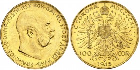 1915. Austria. Francisco José I. 100 coronas. (Fr. 507R) (Kr. 2819). 33,82 g. AU. Reacuñación. EBC-.