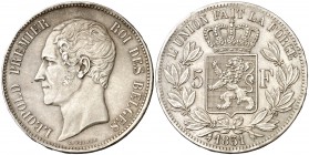 1851. Bélgica. Leopoldo I. 5 francos. (Kr. 17). 24,96 g. AG. Sin punto encima de la fecha. EBC-.