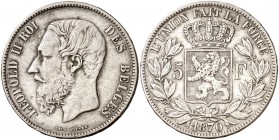 1870. Bélgica. Leopoldo II. 5 francos. (Kr. 24). 24,81 g. AG. MBC/MBC+.