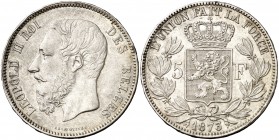 1873. Bélgica. Leopoldo II. 5 francos. (Kr. 24). 24,96 g. AG. EBC-.