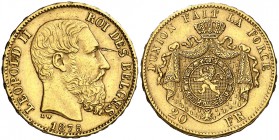 1875. Bélgica. Leopoldo II. 20 francos. (Fr. 412) (Kr. 37). 6,43 g. AU. Dos rayas. MBC+.