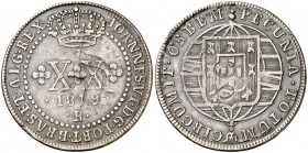 1819. Brasil. Juan VI. R (Río). 20 reis. (Kr. 316.1 var). 5,52 g. CU. Acuñada sobre otra moneda. MBC.